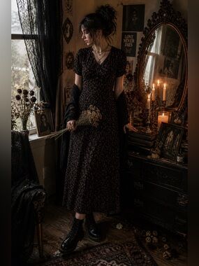 Black Floral Midi Dress Cottagecore Grunge 90s Rayon Romantic Whimsigoth Vintage